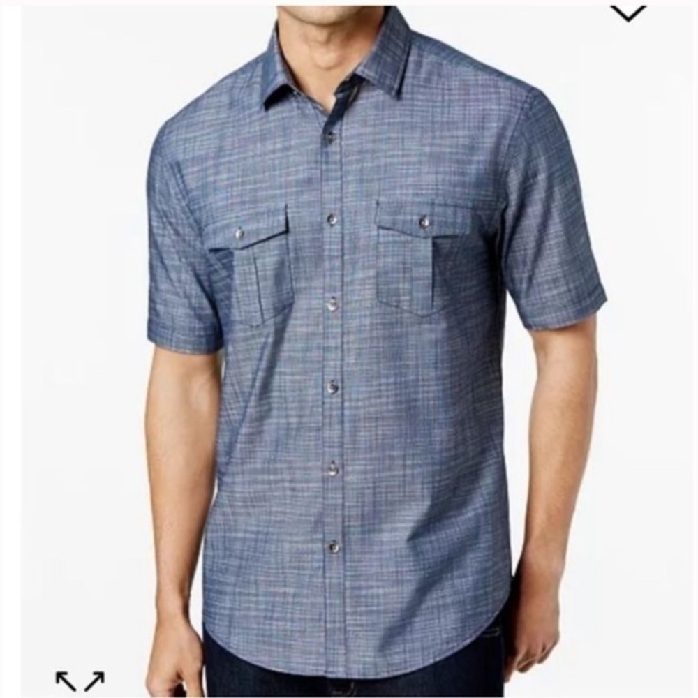Alfani Men’s Blue Linen-Look Short Sleeve Button Down Casual Shirt Size XL